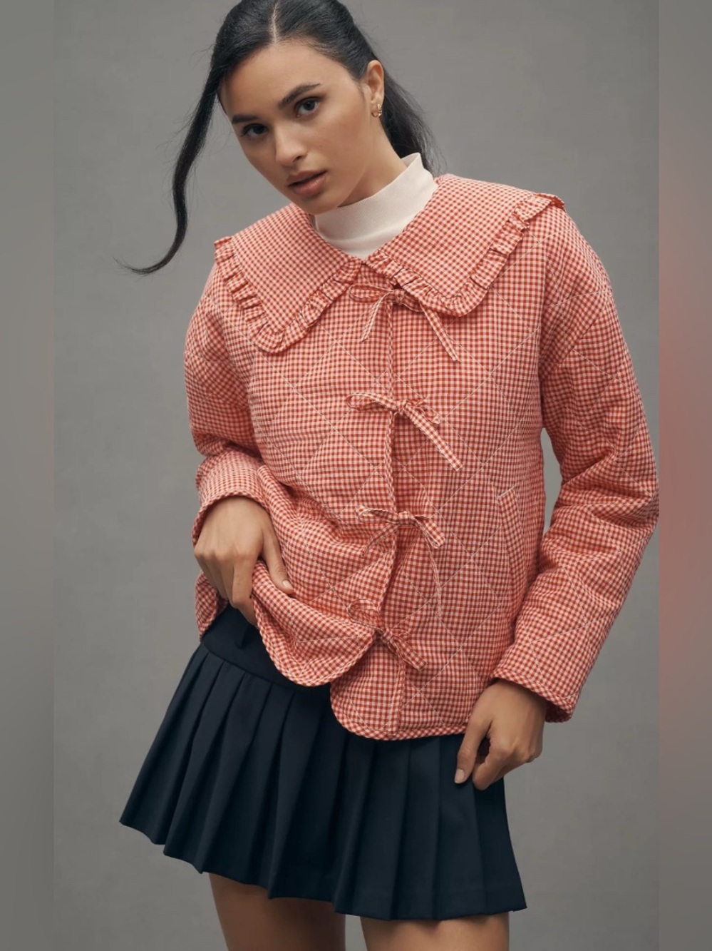 Maeve Quilted Ruffled Collar Tie Closure Red And White Gingham Size XXS
